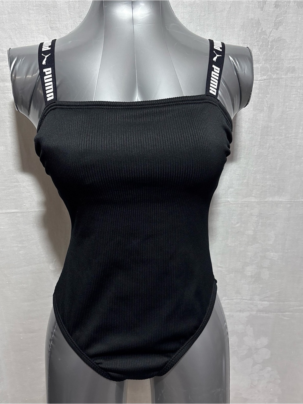 Puma Black Ribbed One-Piece Swimsuit with Logo Straps travel vacation pool chic